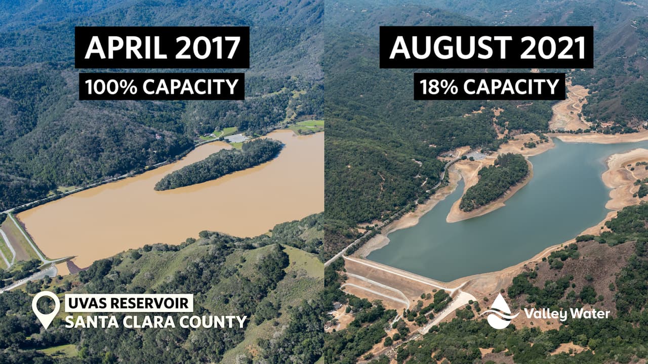“Si esta sequía dura en 2022 y más allá, es probable que las restricciones de agua sean más estrictas”, añadió Santa Clara Valley Water. En la foto se muestra el embalse de Uvas.
<br>