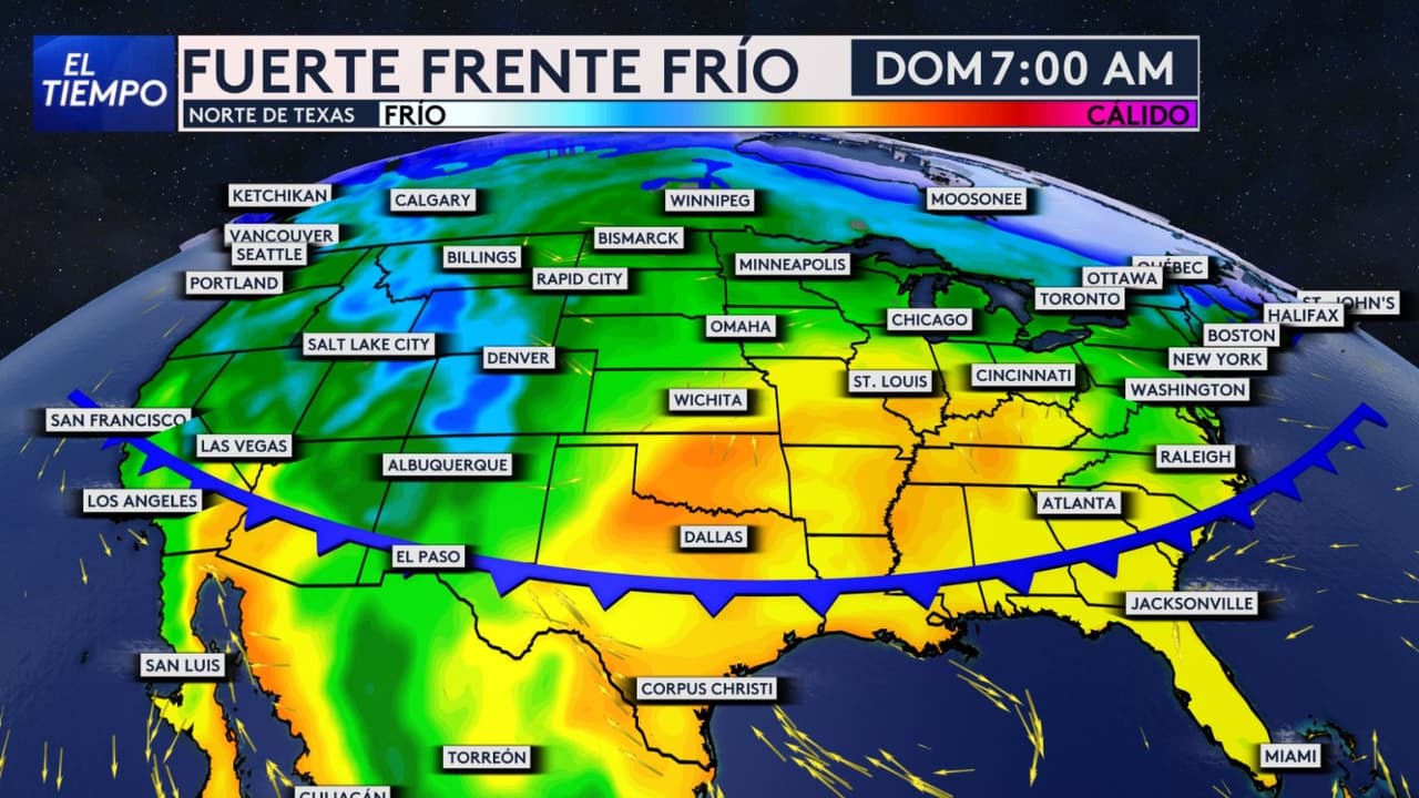 <h3 class="cms-H3-H3">¿Cuándo llegaría el frente frío?</h3> El Servicio Meteorológico Nacional, NWS, espera que 
<b>el frente comience a entrar por los condados cercanos al río Rojo la noche del domingo.</b> 
<br>Eso significa que el Metroplex todavía 
<b>podría tener un domingo caluroso. </b>
<br>El pronóstico oficial coloca la máxima alrededor de 96 °F ese día, 
<b>antes de bajar a unos 90 °F el lunes. </b>
<br>NWS describe el aire que llegará como 
<b>“ligeramente más fresco”. </b>
<br>Es decir, por ahora 
<b>no se espera un cambio brusco de verano a frío,</b> sino un descenso suficiente para romper varios días consecutivos de calor cercano a los 100 grados.