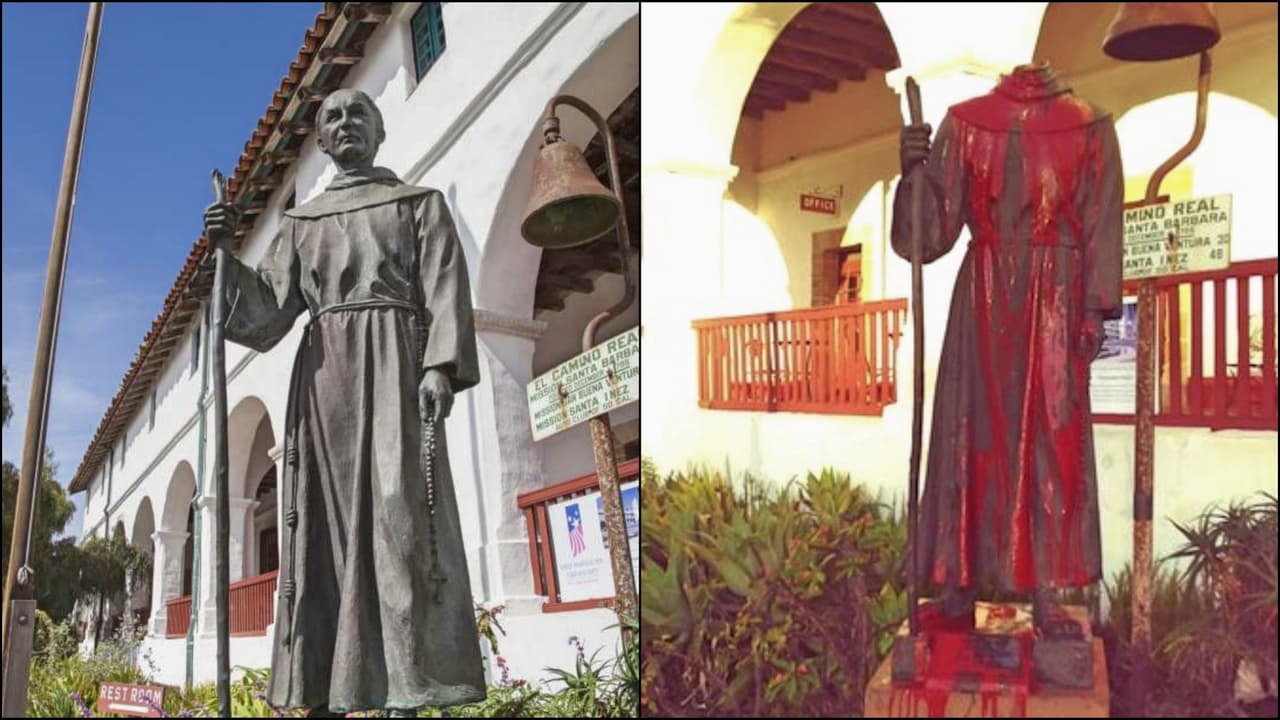 La estatua vandalizada en la Misión de Santa Bárbara, California.