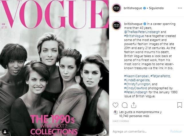 Lindbergh fue llamado el 'Padre de las súper modelos'. Uno de sus trabajos más famosos fue esta portada para Vogue, que se publicó en 1990, la cual tuvo a Naomi Campbell, Tatjana Patitz, Linda Evangelista y Cindy Crawford.