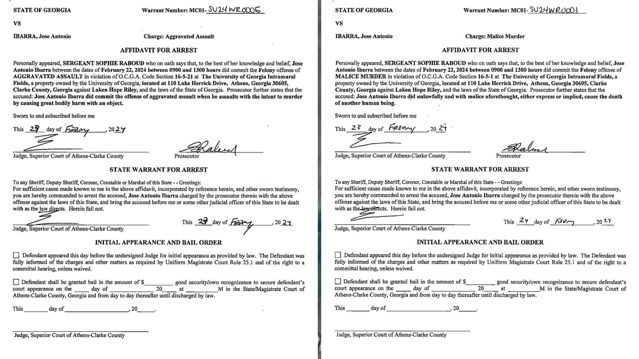 El informe del arresto presentado al Tribunal Superior del condado de Atenas-Clarke reveló que Ibarra presuntamente utilizó un objeto como arma en el crimen y desfiguró “su cráneo”.Ibarra, según el informe, "agrede con intención de asesinar provocando grandes daños corporales con un objeto" y "causa daño corporal a otra desfigurando gravemente su cuerpo o un miembro de este desfigurando su cráneo", dice la declaración. El documento detalla que también habría arrastrado a Riley hasta la zona apartada donde fue encontrada.