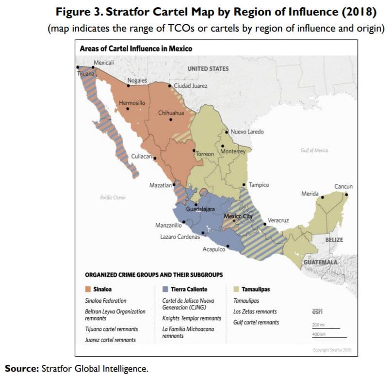 Territorio del Cartel de Sinaloa marcado en color naranja.