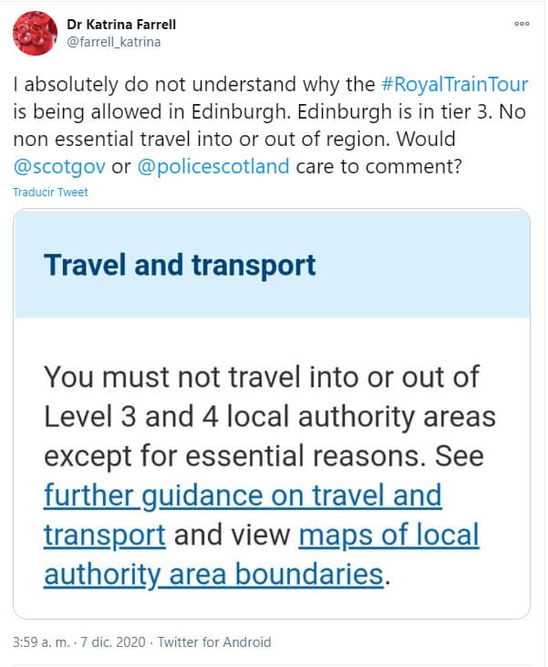 Por ejemplo, Katrian Farrell, hematóloga del Servicio Nacional de Salud británico (NHS, por sus siglas en inglés) escribió en Twitter: "No entiendo en absoluto
<b><a href="https://twitter.com/farrell_katrina/status/1335886643740422147" target="_blank"> por qué se permite la gira del tren de la casa real</a></b> en Edimburgo. Edimburgo está en el nivel 3. No se permiten viajes no esenciales dentro o fuera de la región".
