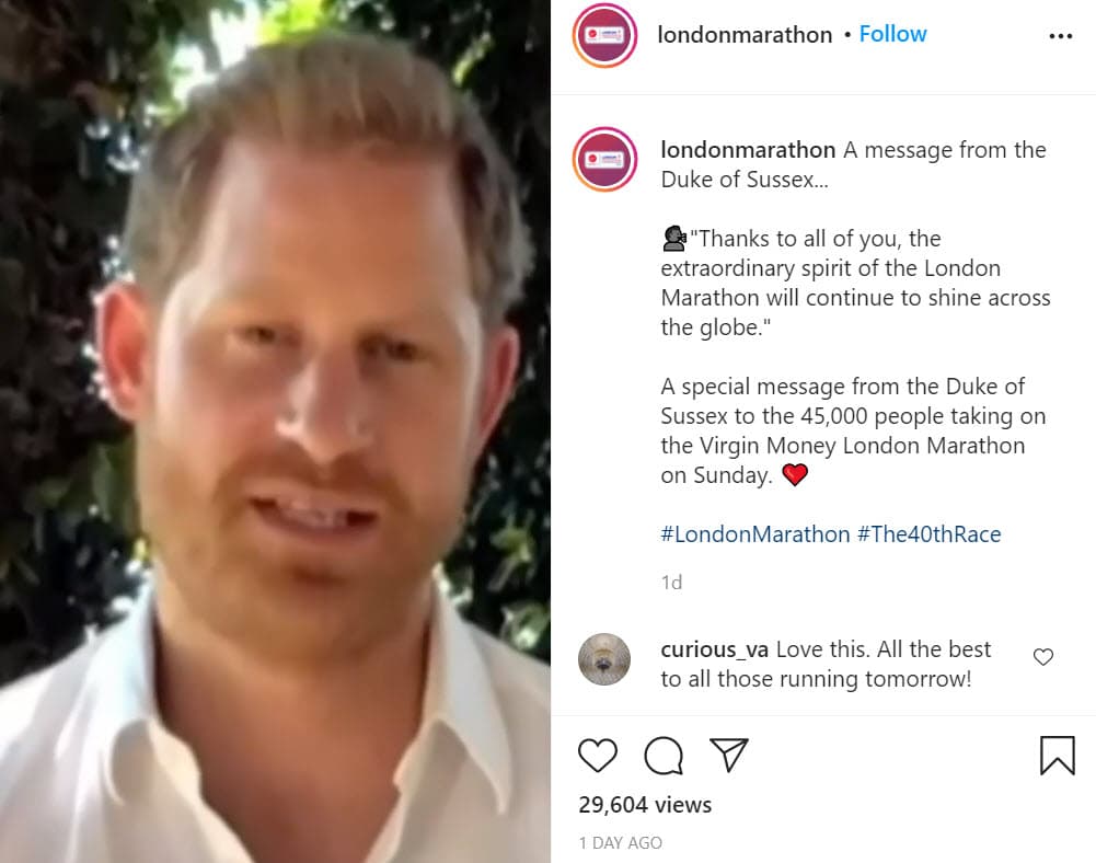 "Gracias a todos ustedes, el extraordinario espíritu del Maratón de Londres seguirá brillando en todo el mundo", dijo en 
<b><a href="https://www.instagram.com/p/CF33hEcBlvF/" target="_blank">un video</a></b> publicado en la víspera del disparo oficial. 
<br>