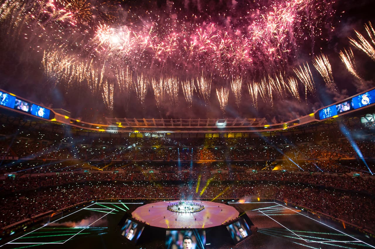Fireworks explode during a celebration event held at the Santiago Bernabeu stadium after the team won the the UEFA Champions League football match final Juventus vs Real Madrid CF held at the National Stadium of Wales in Cardiff on June 3, 2017. / AFP PHOTO / CURTO DE LA TORRE (Photo credit should read CURTO DE LA TORRE/AFP/Getty Images)
