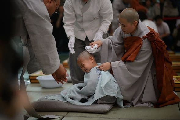 Los monjes le afeitan la cabeza a un niño en un acto llamado "Los niños al convertirse en monjes budistas", en el templo de Jogye, en Seúl. Después de la ceremonia los niños permanecen en el templo donde se les enseña sobre el budismo.