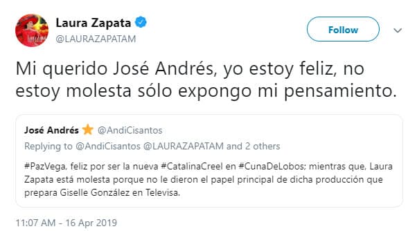 A pesar de sus publicaciones, Zapata aseguró que no está enojada por no haber obtenido el papel.