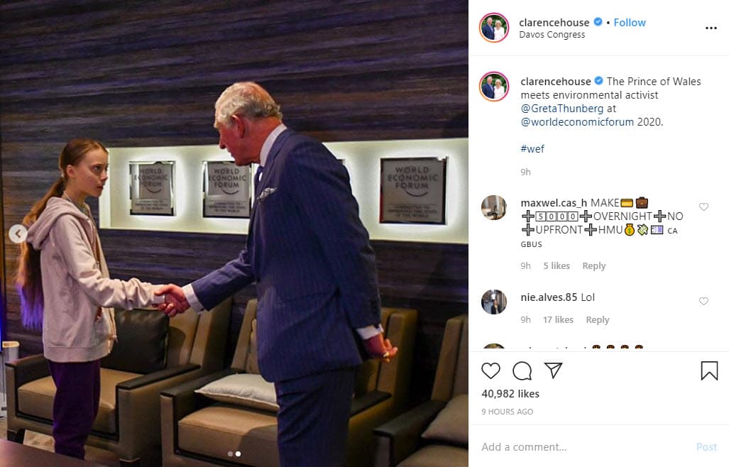 El príncipe de Gales siempre ha demostrado su preocupación por el medio ambiente, inquietud que comparte con la adolescente de 17 años.
<br>