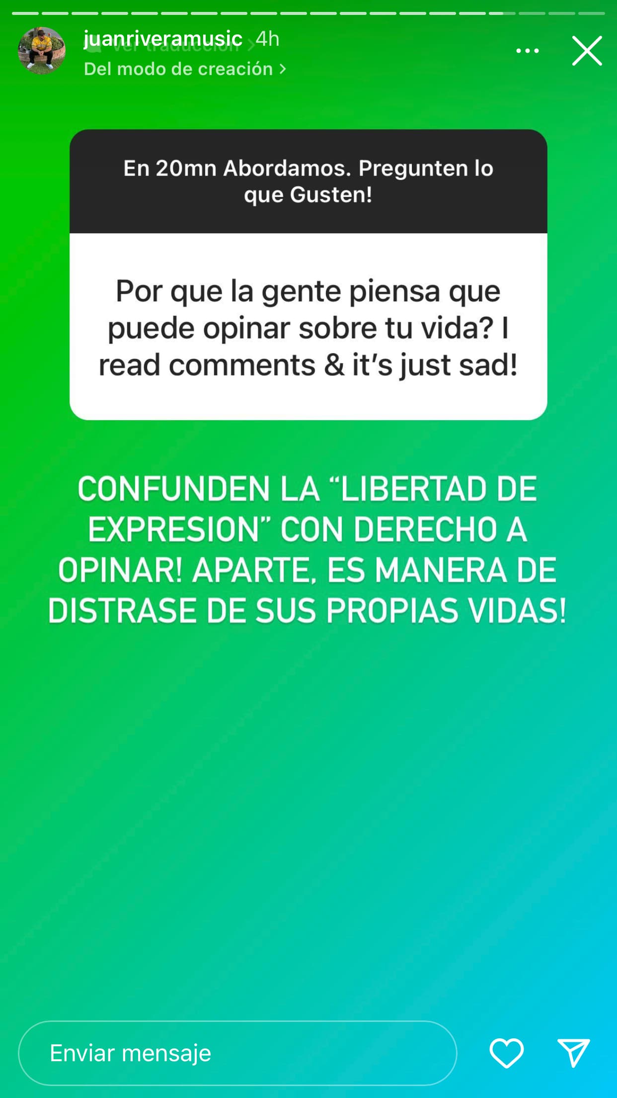 También tuvo un mensaje para sus detractores, ya que algunos lo han señalado de "mantenido" o "ratero" a raíz del escándalo de la auditoría: "¡Confunden la 'libertad de expresión' con 'derecho a opinar'!" 
<br>