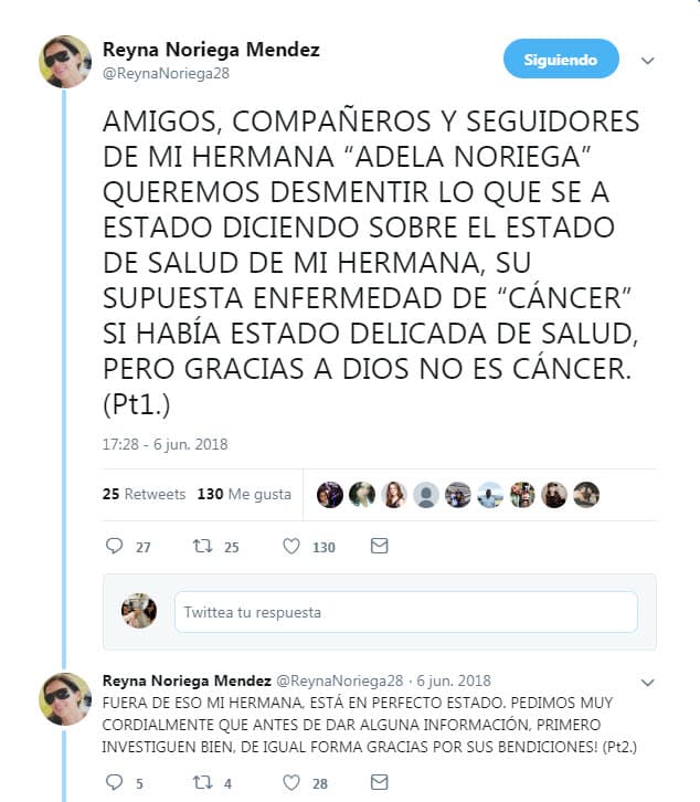 La segunda es un retuit de la cuenta de Reyna Noriega Méndez, en el que aclaró el estado de salud de la actriz.