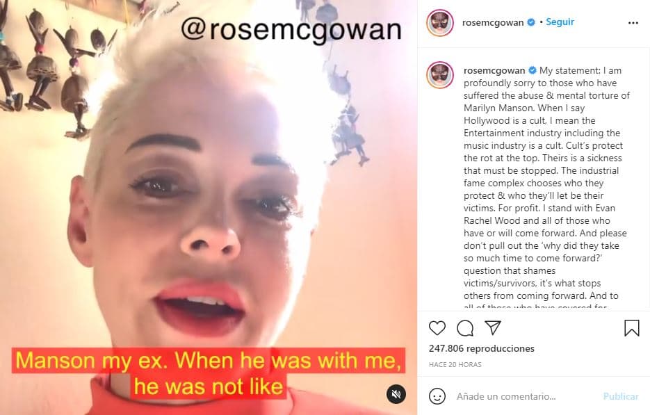 La ex de Manson grabó un video que publicó en su Instagram, junto al que escribió: "Lo siento profundamente por aquellos que sufrieron el abuso y la tortura mental de Marilyn Manson". Y agregó: "Estoy con Evan Rachel Wood y todos aquellos que se han presentado o se presentarán".