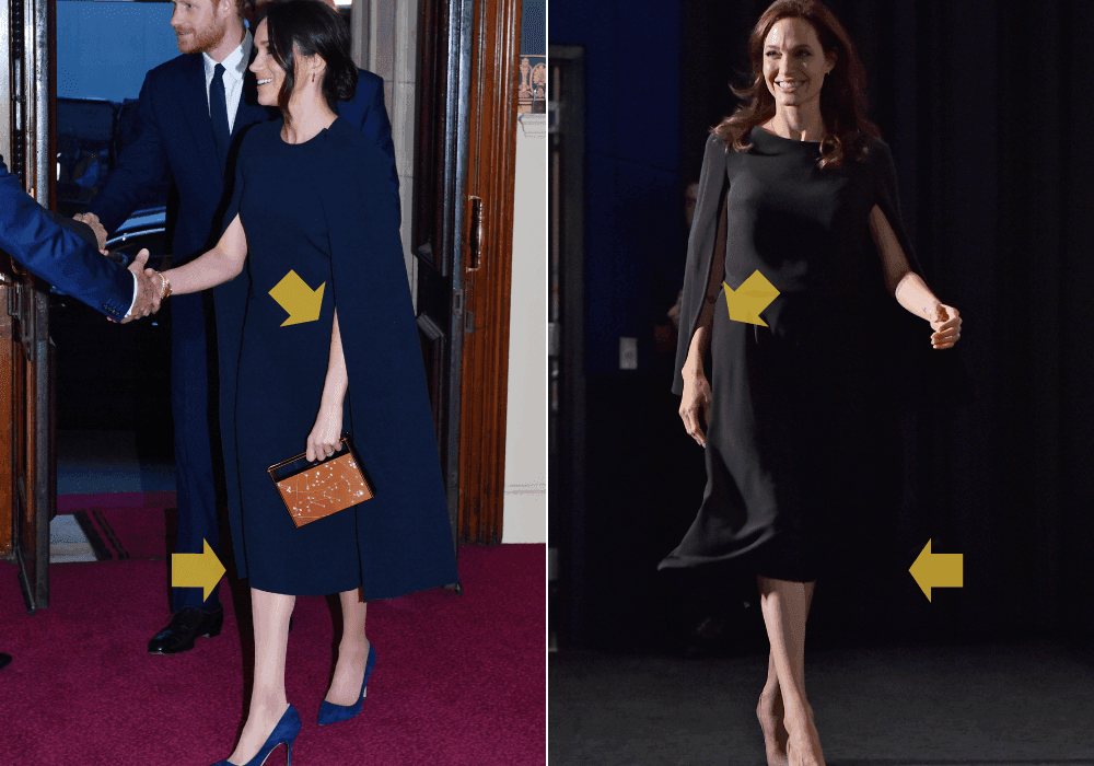 <b>MANGAS ABIERTAS: Angelina 2014 / Meghan 2018</b>
<br>Las telas flotantes (como una capa) han sido uno de las declaraciones de estilo de Angelina Jolie desde hace años. En 2014 usó este vestido negro de Ralph Lauren con mangas abiertas que daban ese efecto. Cuatro años después,
<a href="https://www.univision.com/entretenimiento/realeza/todos-y-cada-uno-de-los-outfits-de-meghan-desde-que-empezo-a-coderase-con-la-realeza-fotos">Meghan usó un vestido</a> en ese mismo estilo pero en azul de la diseñadora británica Stella McCartney.
