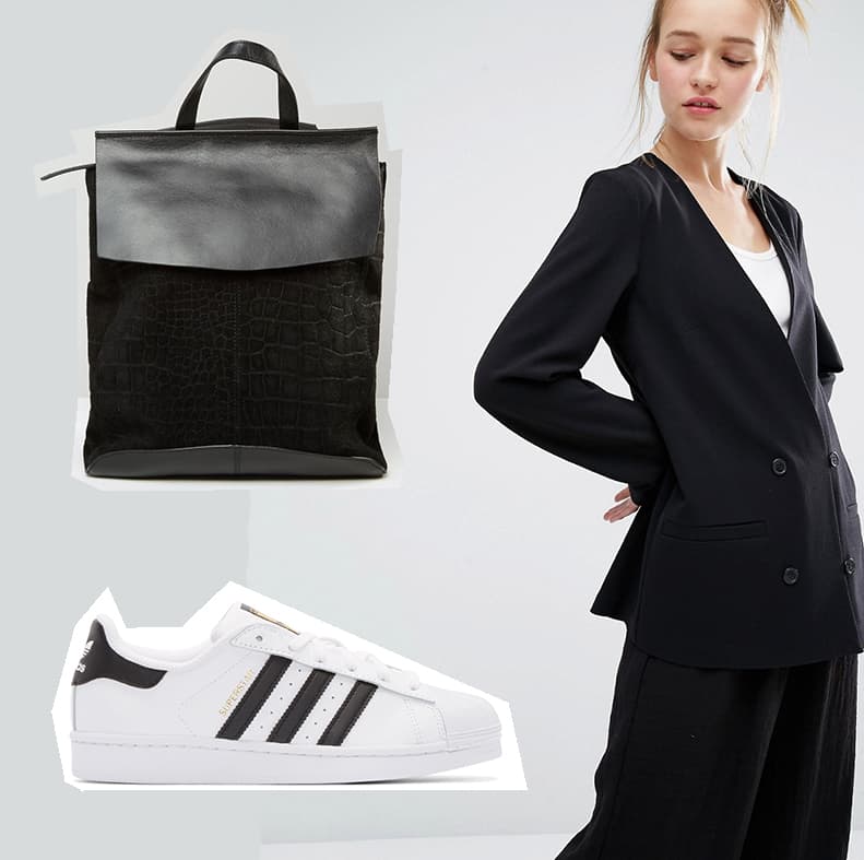 En la cocina, menos es más. Entre fogones se lleva el blanco y el negro, y por eso este conjunto de chaqueta de Zara, el bolso de Asos y los tenis de Asos le va perfecto. | Imágenes: Zara, Asos, SSense