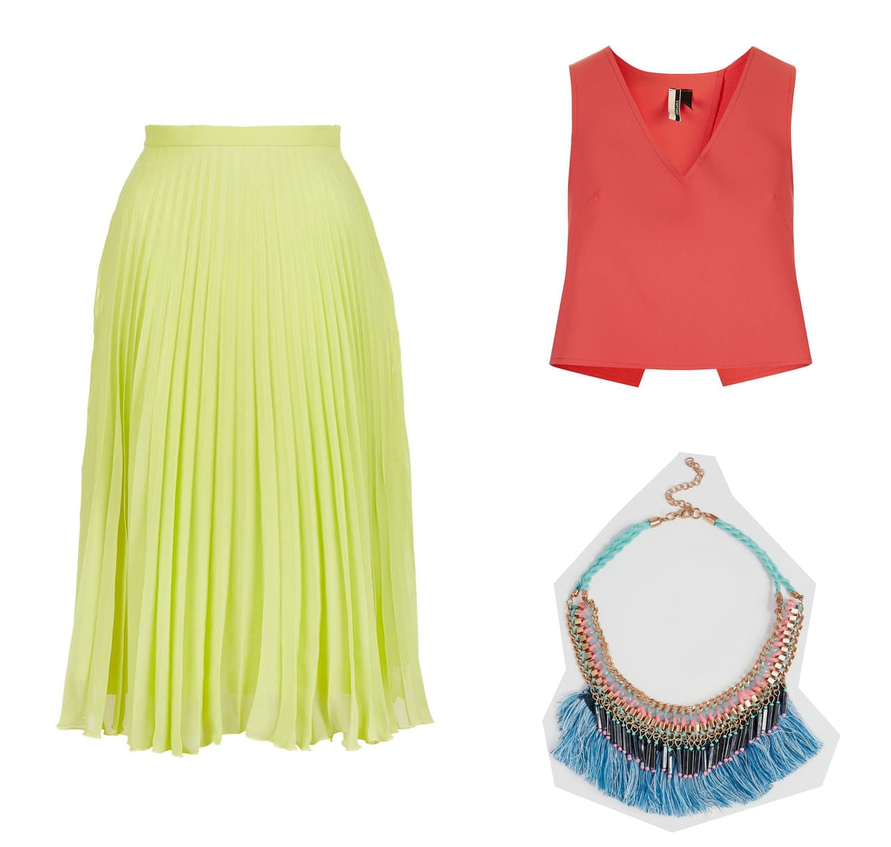 Apuesta por los colores y los accesorios de impacto con esta falda y top de Topshop y collar de New Look disponible en Asos | Imágenes: Topshop, Asos