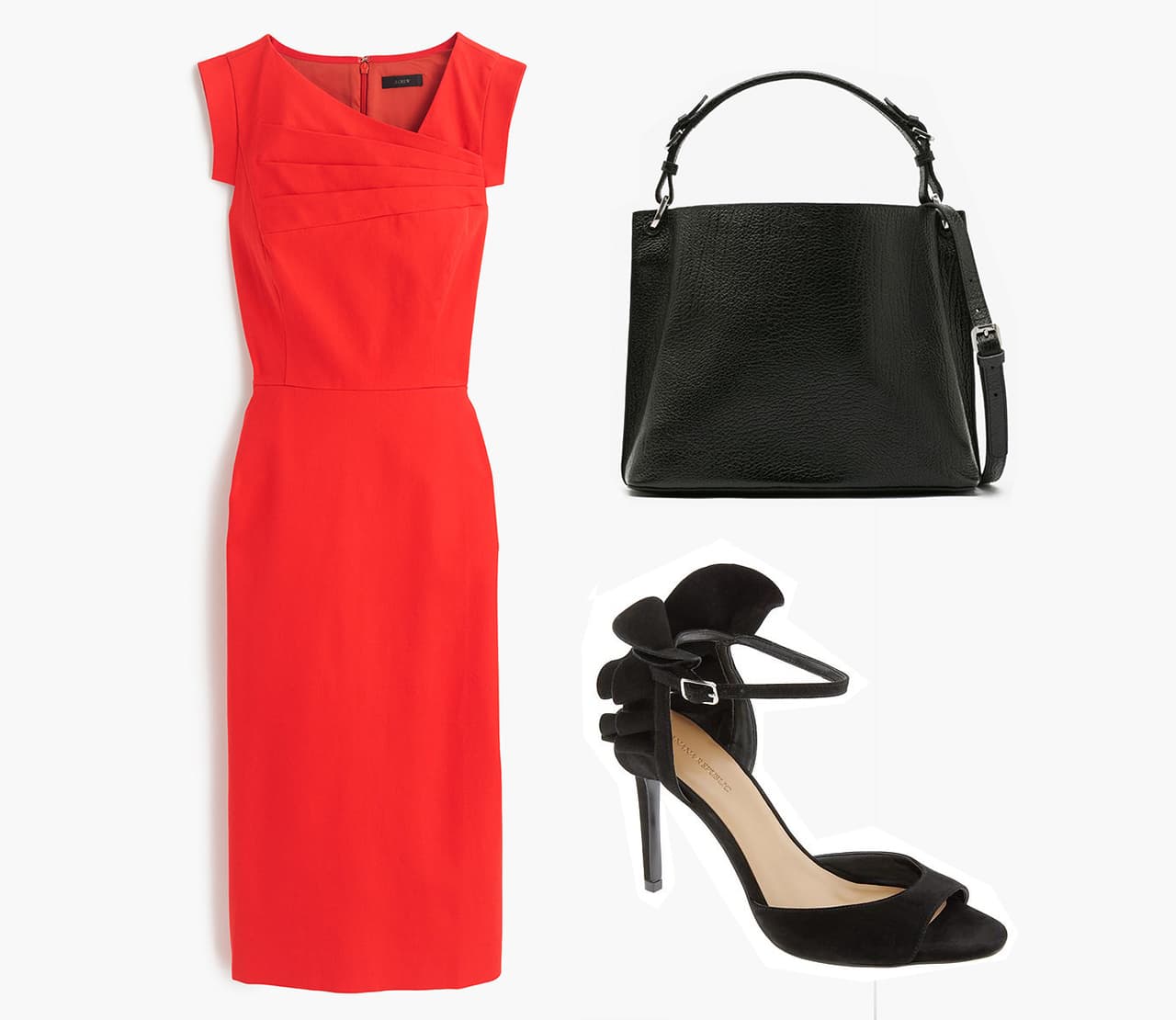 Con este sencillo pero elegante vestido de J.Crew, tacones de Banana Republic y bolso de Asos, tu trabajo será el protagonista. | Imágenes: J.Crew, Banana Republic, Asos