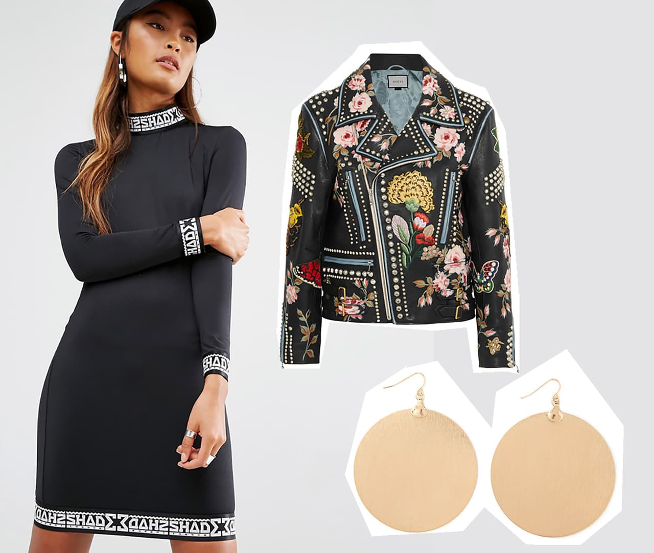 Rae suele vestirse con accesorios llamativos que aportan originalidad a su 'look', normalmente formado por vestidos cortos. Esta cazadora de Gucci, los aretes de Forever21 y el vestido de Shade London en Asos le irían a la perfección | Imágenes: Asos, Gucci, Forever21