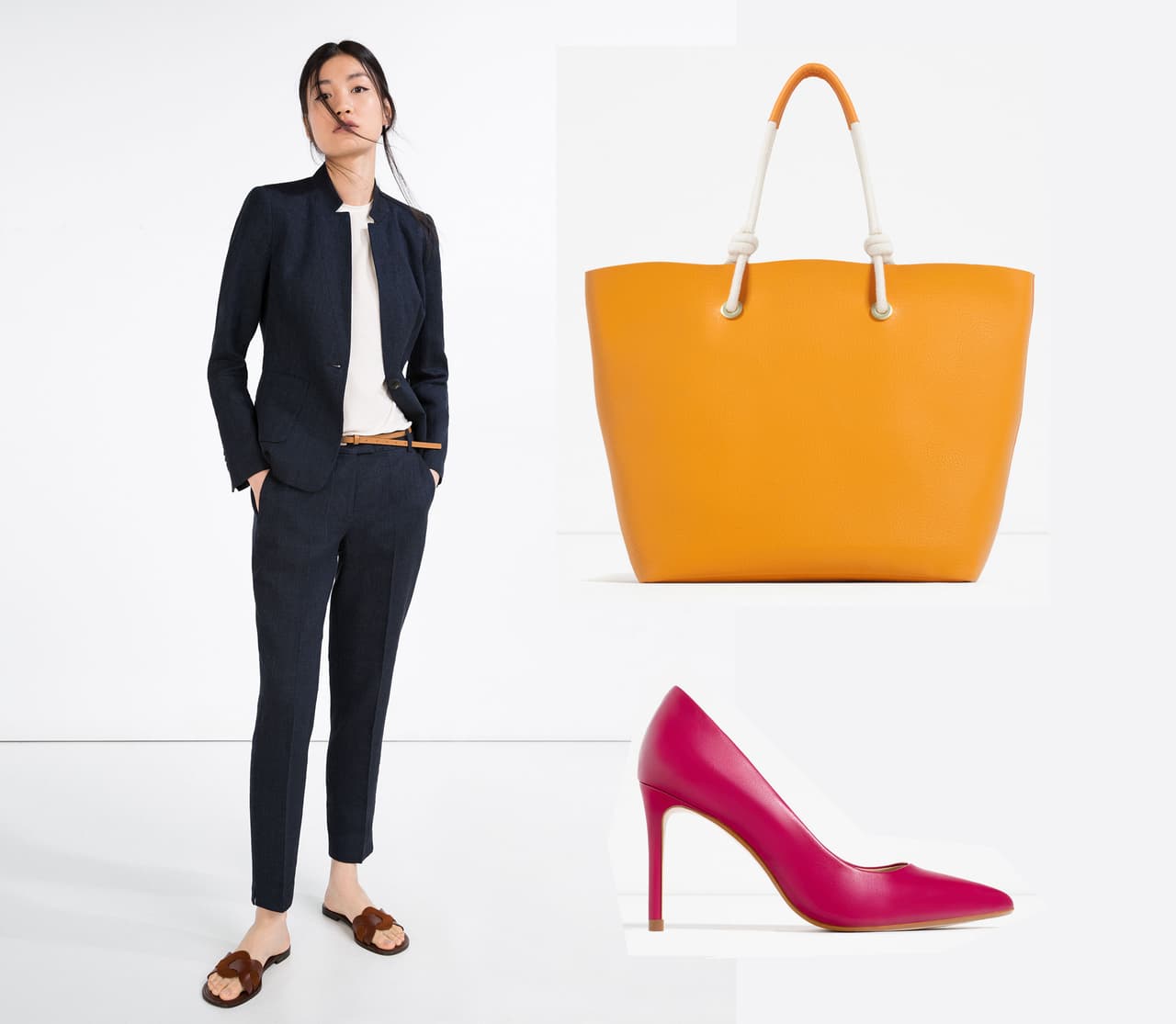 Para emular su 'look' prueba con un traje de chaqueta, tacones y bolso de Zara | Imágenes: Zara