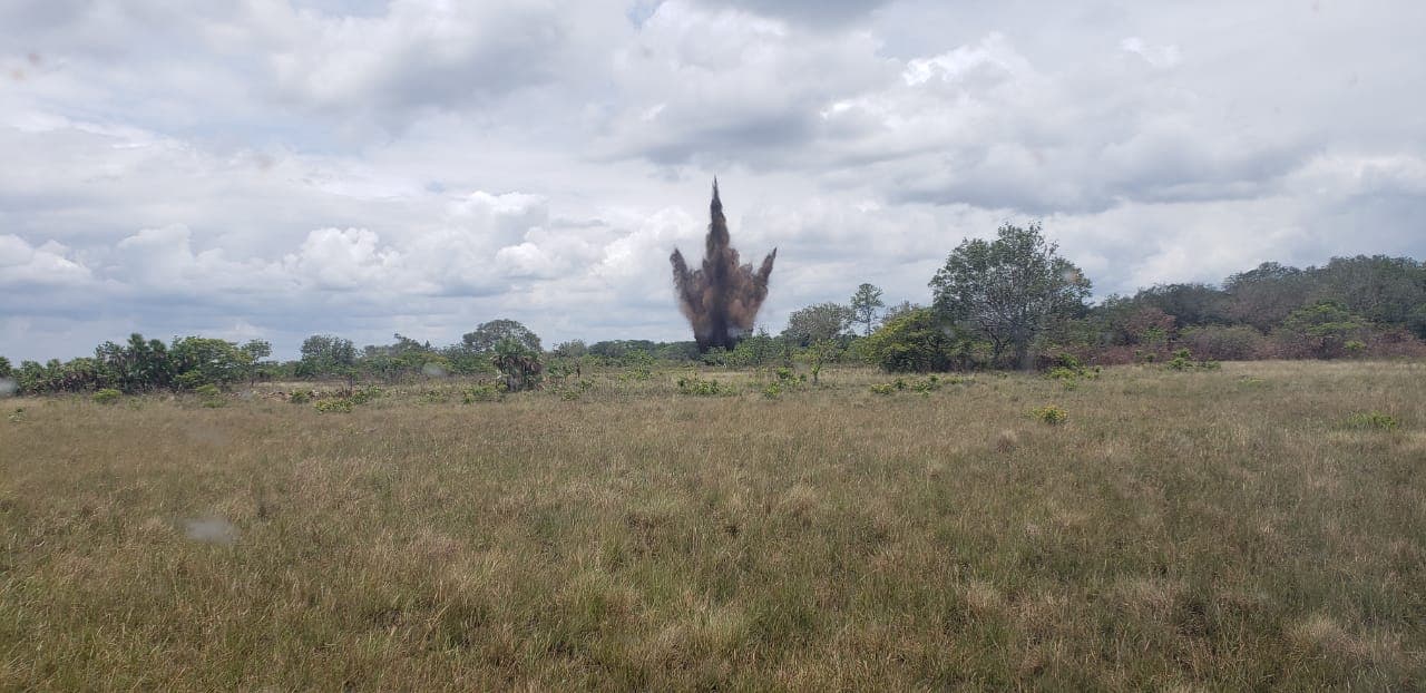 One of four explosions during a Honduran military operation to disable a clandestine airstrip in eastern Honduras, creating craters 10 meters wide and 5 meters deep. May 15, 2019.