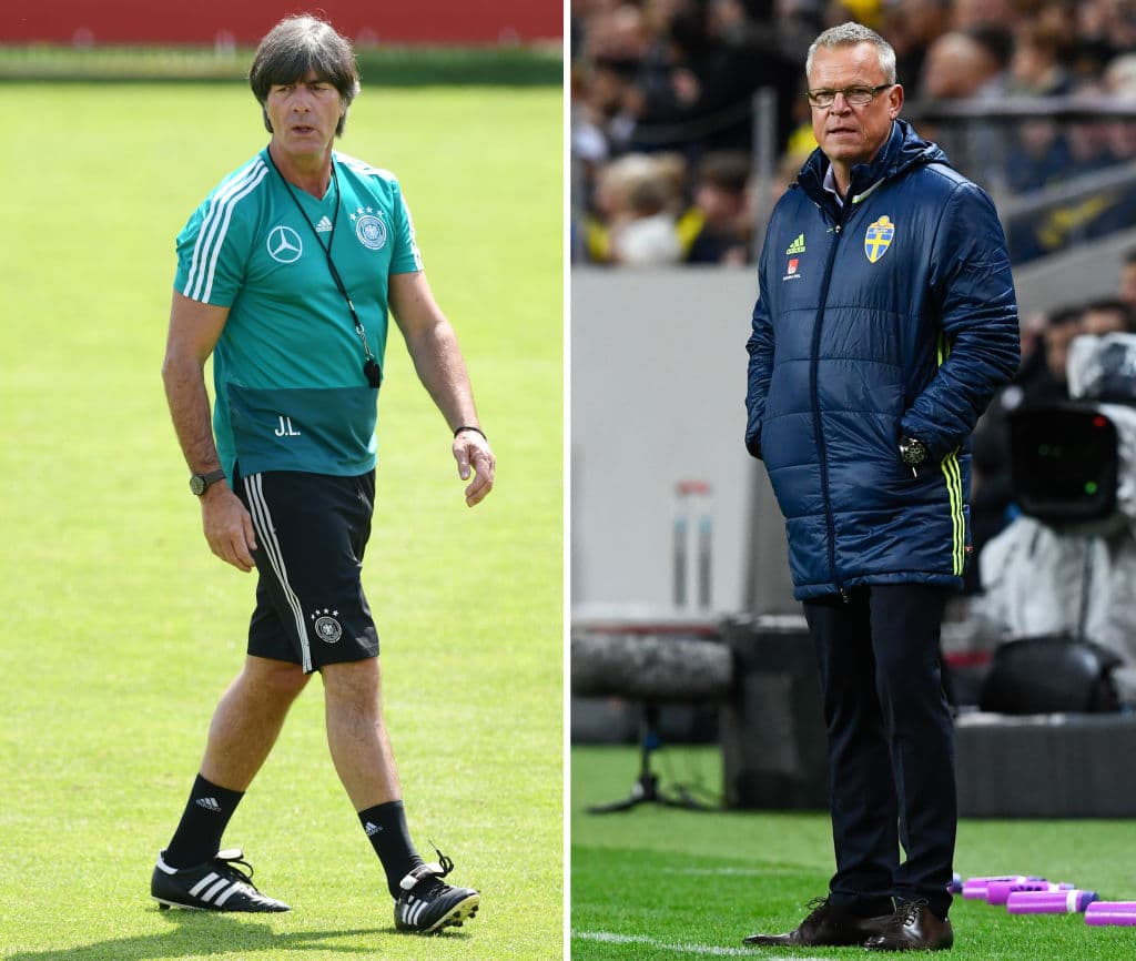 A la derecha el entrenador Janne Andersson, y a la izquierda, el hombre sobre el que se cierne la presión: Joachim Low, entrenador de la selección de Alemania, campeona del mundo.