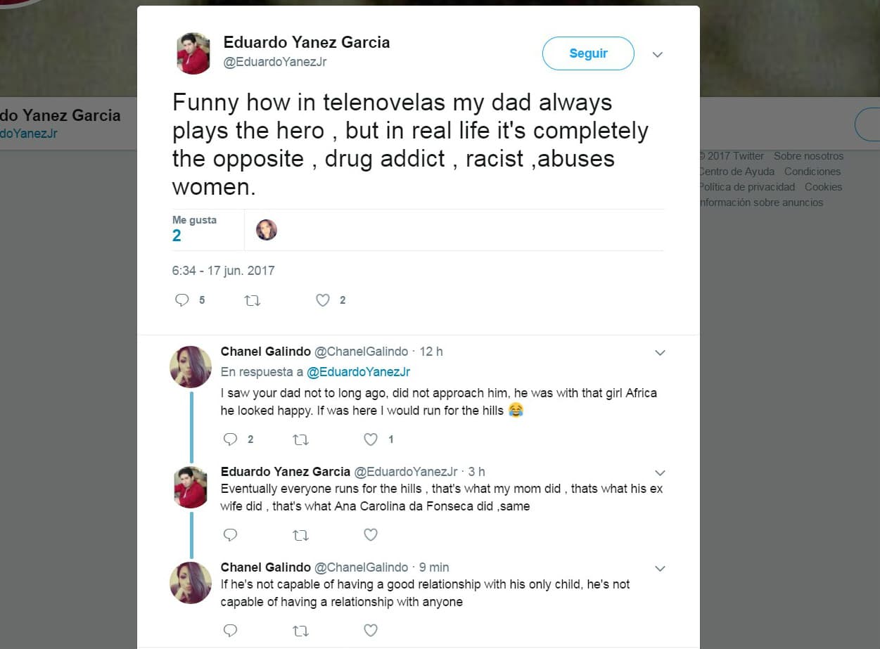 "Es curioso cómo en telenovelas mi papá siempre interpreta al héroe, pero en la vida real es completamente lo contrario, drogadicto, racista, abusa de las mujeres", fue lo que escribió Eduardo Jr. justo un día antes del Día del padre, lo que desató comentarios de varios de sus seguidores.