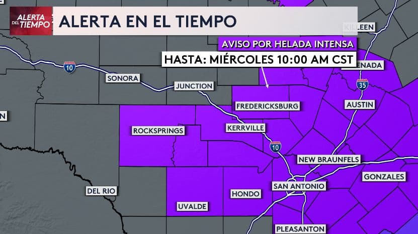 <b>El aviso por helada intensa se mantiene vigente hasta las 10 de la mañana del miércoles</b> e incluye áreas como 
<b>San Antonio, Austin y Uvalde, entre otros</b>.