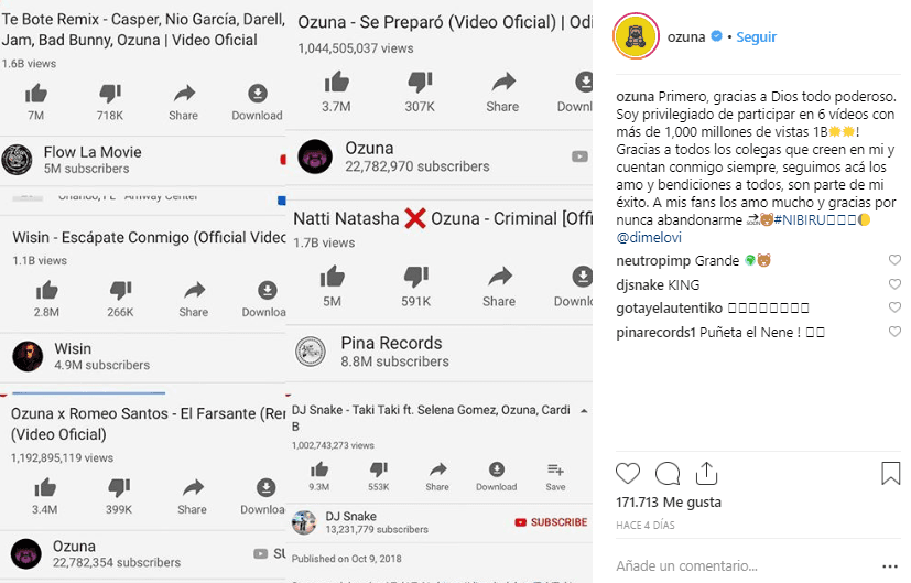 Por medio de 
<b><a href="https://www.instagram.com/ozuna/">Instagram, Ozuna</a></b> agradeció a sus seguidores permitirle llegar a esas cifras.