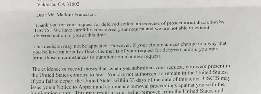 This is the rejection letter that Mallqui received from DHS, dated Jan 18, 2019.