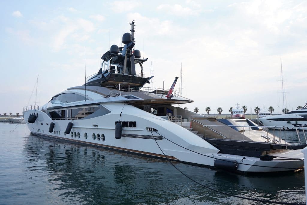 A picture taken on March 5, 2022 shows the yacht "Lady M", owned by Russian oligarch Alexei Mordashov, docked at Imperia's harbor in Italy.