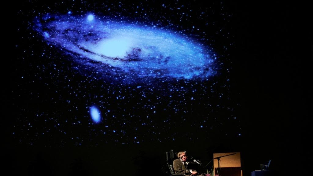 Stephen Hawking presents his book "The Origin of the Universe" at a conference in Brussels, in 2007.