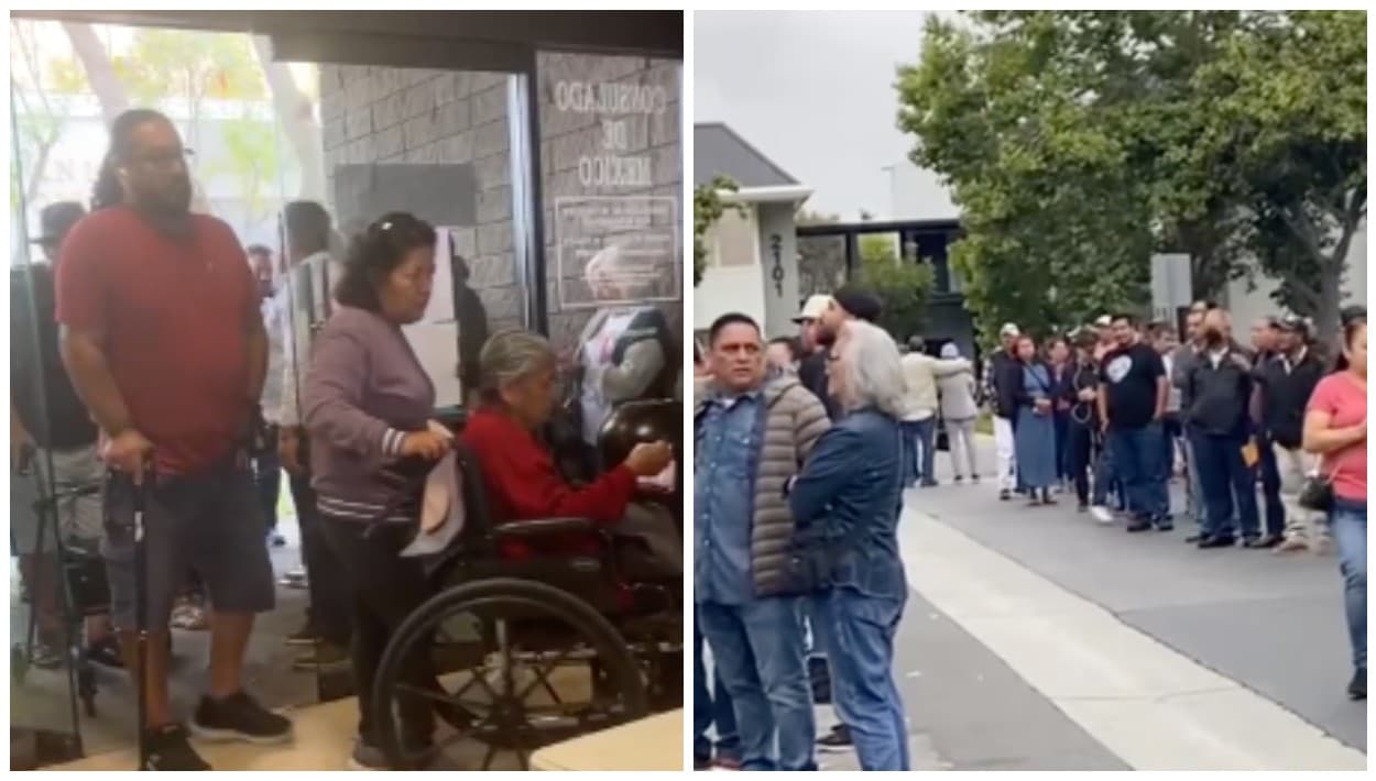 En el consulado de México en San Bernardino, los votantes con limitaciones de movimiento recibieron atención. Había largas filas y calor. A la derecha, en la ciudad de Santa Ana, quienes pensaron en ir a votar temprano para salir rápido, tuvieron que esperar.