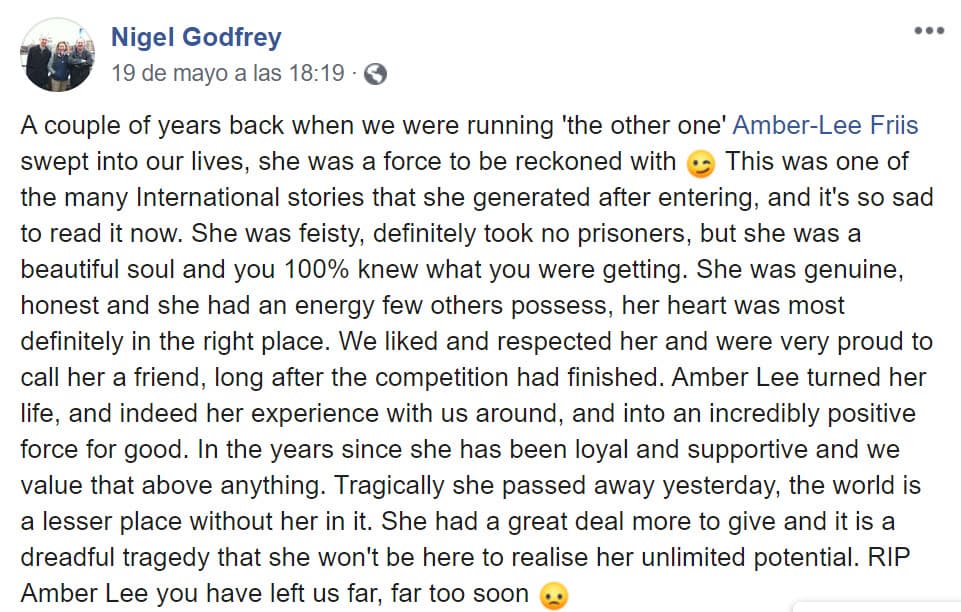 El director ejecutivo de Miss Mundo Nueva Zelanda, 
<b>Nigel Godfrey</b>, la consideraba una mujer "luchadora, genuina". También, expresó en Facebook que "su corazón estaba definitivamente en el lugar correcto".
<br>