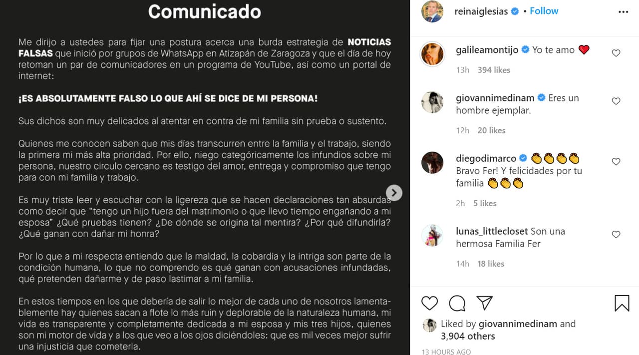 "¡Es 
<b><a href="https://www.univision.com/famosos/esposo-galilea-montijo-cuernos-hijo-fotos" target="_blank">absolutamente falso lo que ahí se dice</a></b> de mi persona! Sus dichos son muy delicados al atentar en contra de mi familia sin prueba o sustento", escribió.
<br>
<br>