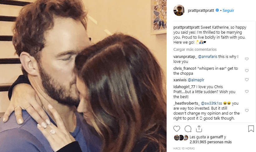 Chris Pratt le dedicó a su prometida el siguiente mensaje: "Dulce Katherine, estoy tan feliz que hayas dicho que sí. Estoy muy emocionado de casarme contigo. Me siento orgulloso de vivir a plenitud y en la fe a tu lado. ¡Aquí vamos!”.