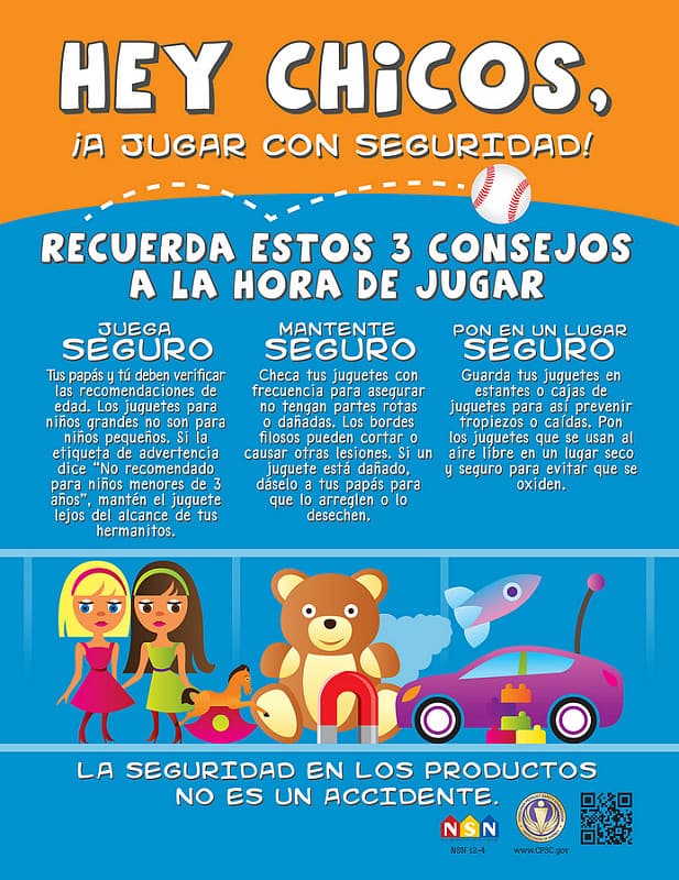 La CPSC tiene herramientas que padres e hijos pueden revisar juntos para aprender sobre juguetes y seguridad, como campañas informativas, un
<a href="https://www.cpsc.gov/s3fs-public/3.pdf">libro de colorea</a>r o el programa
<a href="http://ymiclassroom.com/lesson-plans/cpsc/">Estrellas de la seguridad </a>del consumidor, que enseña a los niños a identificar productos peligrosos y la forma en que funcionan los retiros del mercado.