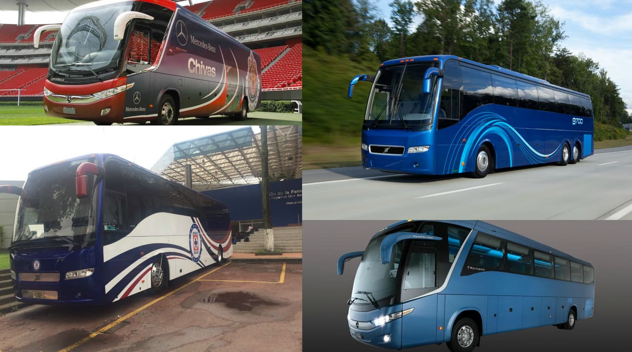 En este recorrido veremos algunos de los autobuses que trasladan a los clubes más importantes del fútbol mexicano, tanto en su versión decorada como estándar.