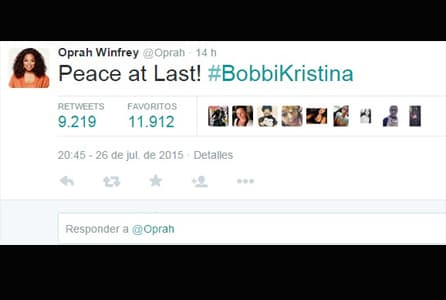 En las redes sociales varios famosos dieron sus condolencias a la familia y expresaron su tristeza. La conductora Oprah Winfrey fue de las primeras en lamentar la muerte de Bobbi.