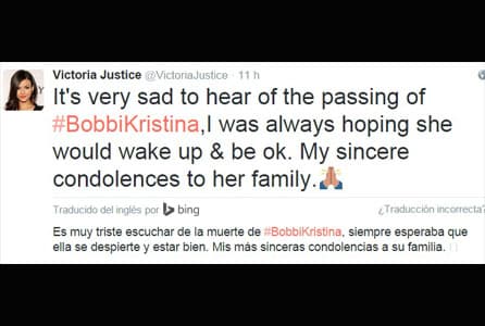 La actriz y cantante Victoria Justice también lamentó la muerte de la hija de Whitney.