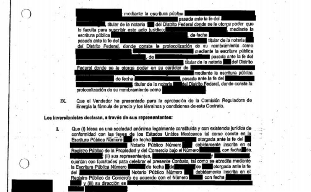 Parte del contrato entre Pemex y Odebrecht para el suministro de gas etano. Los datos relevantes fueron cubiertos.