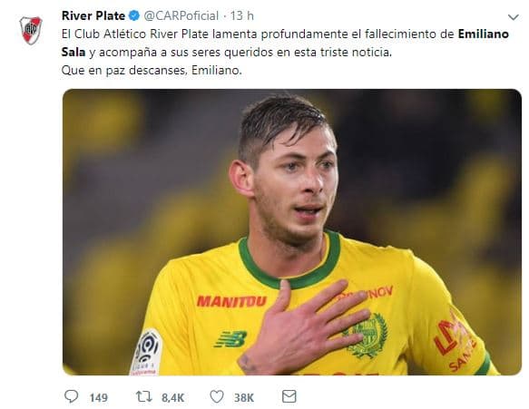 El campeón de la Copa Libertadores, River Plate, se unió a esta lluvia de mensajes en favor del ariete.