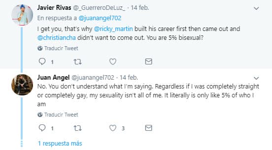 "No. No entiendes lo que estoy diciendo. Independientemente de si fuera completamente heterosexual o completamente gay, mi sexualidad no es todo sobre mí. Literalmente es solo el cinco por ciento de quien soy".
<br>