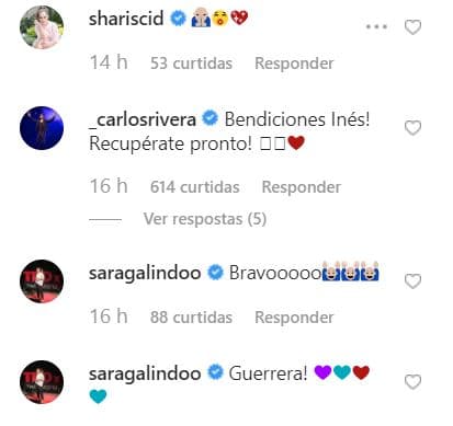 Luego de la publicación de este mensaje, recibió diversos comentarios por parte de amigos del medio artístico como Sharis Cid, Carlos Rivera y Sara Galindo.