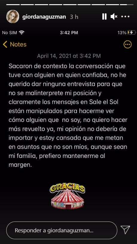 "Claramente los mensajes en 'Sale el sol'
<b> están manipulados</b>, para hacerme ver como 
<b>alguien que no soy</b>".
<br>