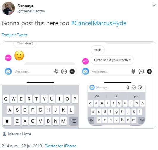 Según la versión de una de las víctimas, en una conversación de texto, Hyde le ofreció un 'photoshoot' gratis si le mandaba fotos de ella desnuda, pero como la modelo se negó, el fotógrafo le dijo que le cobraría 2,000 dólares por la sesión.