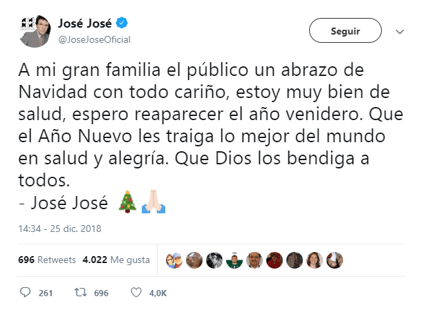 "Estoy muy bien de salud, espero reaparecer el año venidero", afirma.