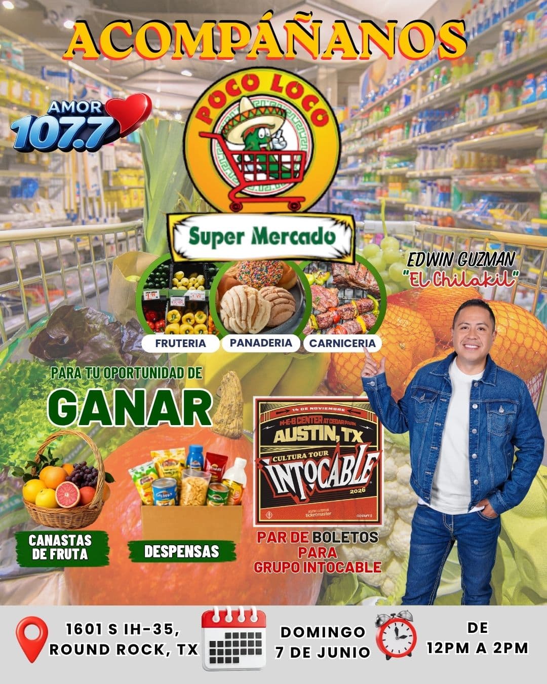 🎉🛒 ¡Este domingo la diversión y los premios te esperan en Round Rock con Edwin Guzman "El Chilakil! 🛒🎉