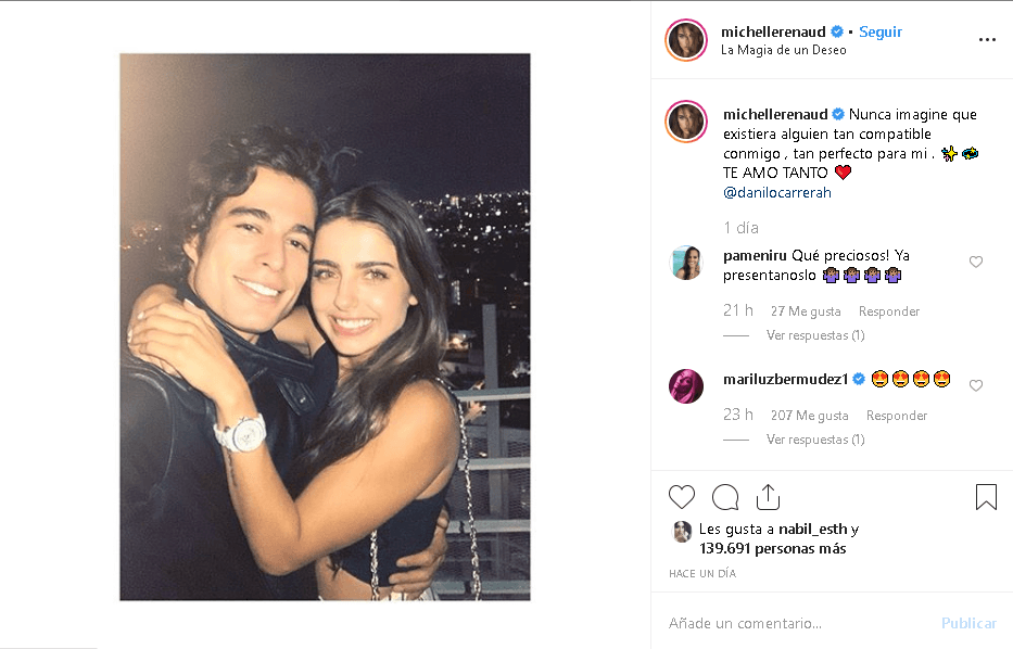 Michelle publica fotos con Danilo a través de 
<b><a href="https://www.instagram.com/p/B1wc8jgDWAc/" target="_blank">Instagram </a></b>acompañados de mensajes como: "Nunca imaginé que existiera alguien tan compatible conmigo, tan perfecto para mí. Te amo tanto".