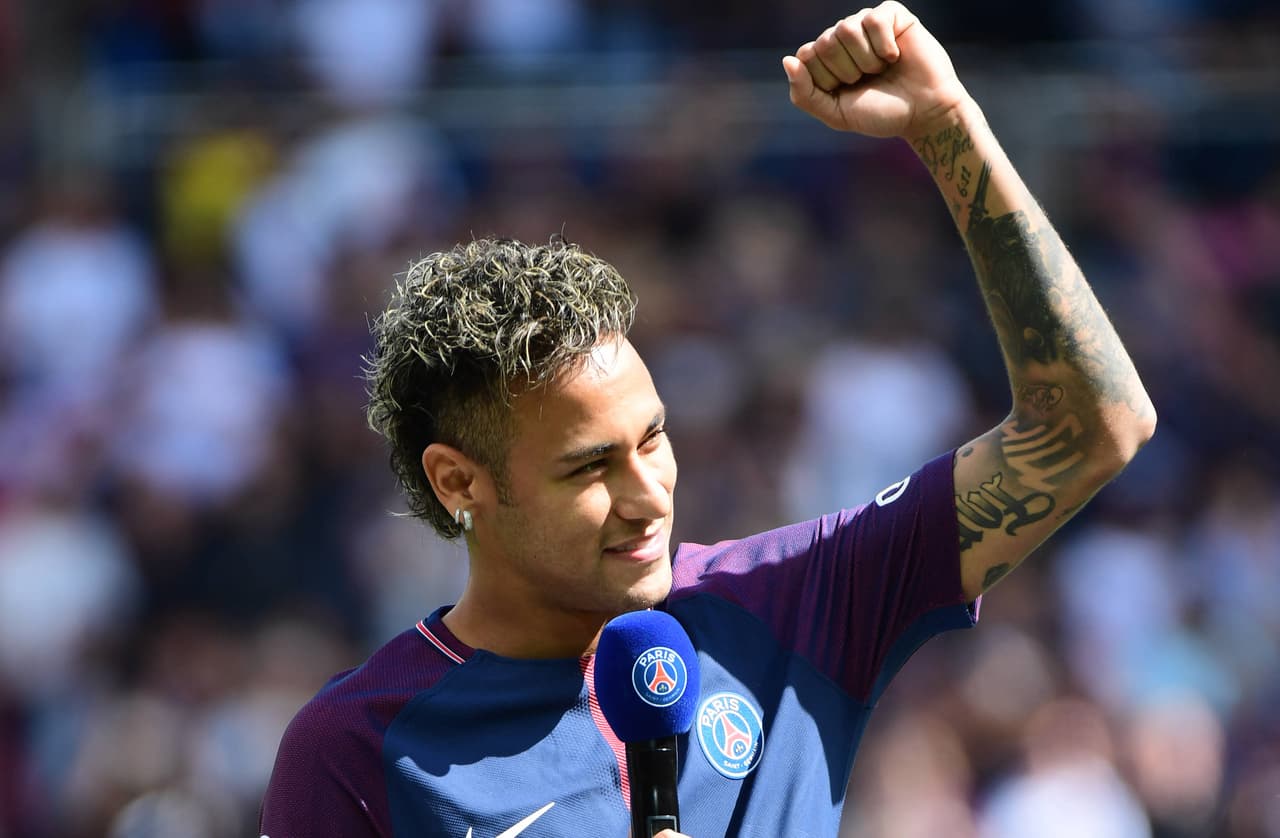 Record new signing Neymar JR of PSG is presented to the crowd before the Ligue 1 match between Paris Saint Germain and Amiens SC at Parc des Princes on August 5, 2017 in Paris, France. (Photo by Dave Winter/Icon Sport)