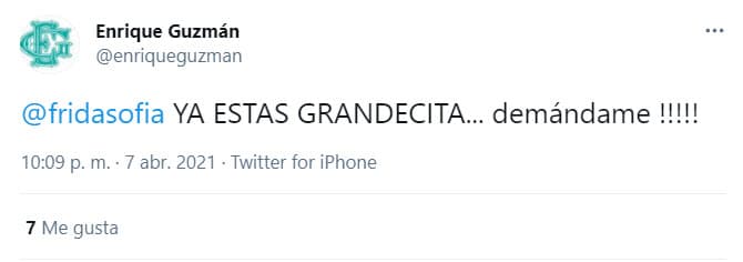 La noche del miércoles 7 de abril, horas después de que se dieron a conocer las declaraciones de Frida Sofía, Enrique Guzmán ya había retado a su nieta con un tuit
<b><a href="https://www.univision.com/famosos/enrique-guzman-frida-sofia-acusacion-abuso-sexual-reta-demande" target="_blank">pidiéndole que lo denunciara </a></b>ante el supuesto abuso que le imputó.