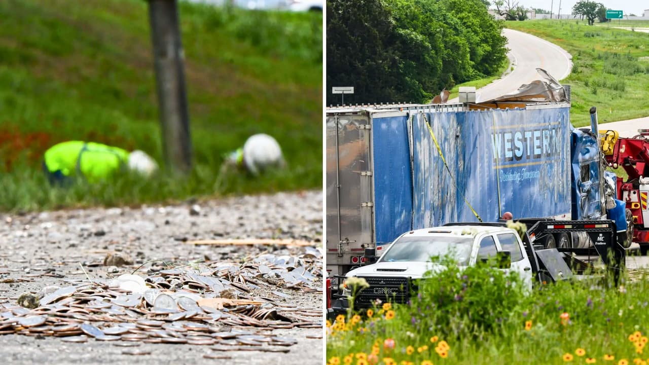 Un tráiler que transportaba 8 millones de monedas de 10 centavos se volcó en la carretera 287, cerca de Alvord, Texas, dejando su carga regada entre el asfalto, el lodo y la hierba. El accidente ocurrió al amanecer y obligó a cerrar la vía por varias horas mientras cuadrillas recogían las monedas una por una. El conductor y un pasajero resultaron con lesiones leves.
