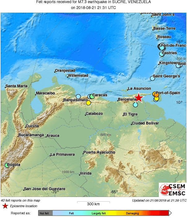 El epicentro del temblor fue al sureste de Yaguaraparo, en el estado Sucre.